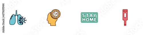 Set Virus cells in lung, Human and virus, Stay home and Medical thermometer icon. Vector