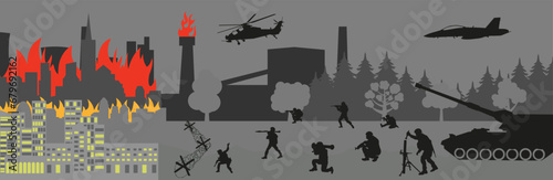 A squad of soldiers goes on the attack. Silhouettes of soldiers. Destruction of the city by war.