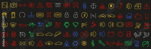 Colored car dashboard icons. Car control panel interface. Dashboard icons.