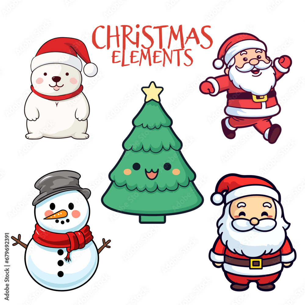 Delightful Flat Design Christmas Collection for Kids: Santa Claus, Polar Bear, Snowman, and Christmas Tree - Transparent Background