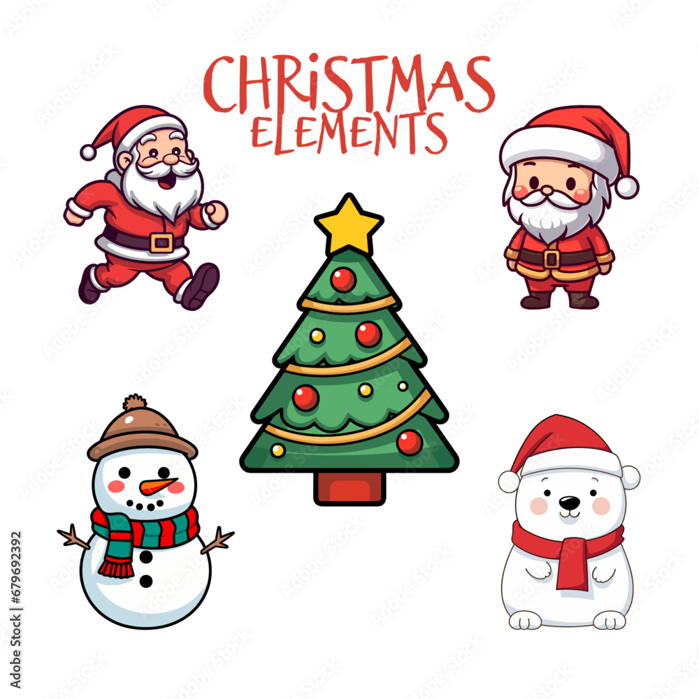Flat Design Collection of Cute Christmas Elements for Kids: Santa Claus, Polar Bear, Snowman, and Christmas Tree - Transparent Background Flat Design Collection of Cute Christmas Elements for Kids: Santa Claus, Polar Bear, Snowman, and Christmas Tree - Transparent Background