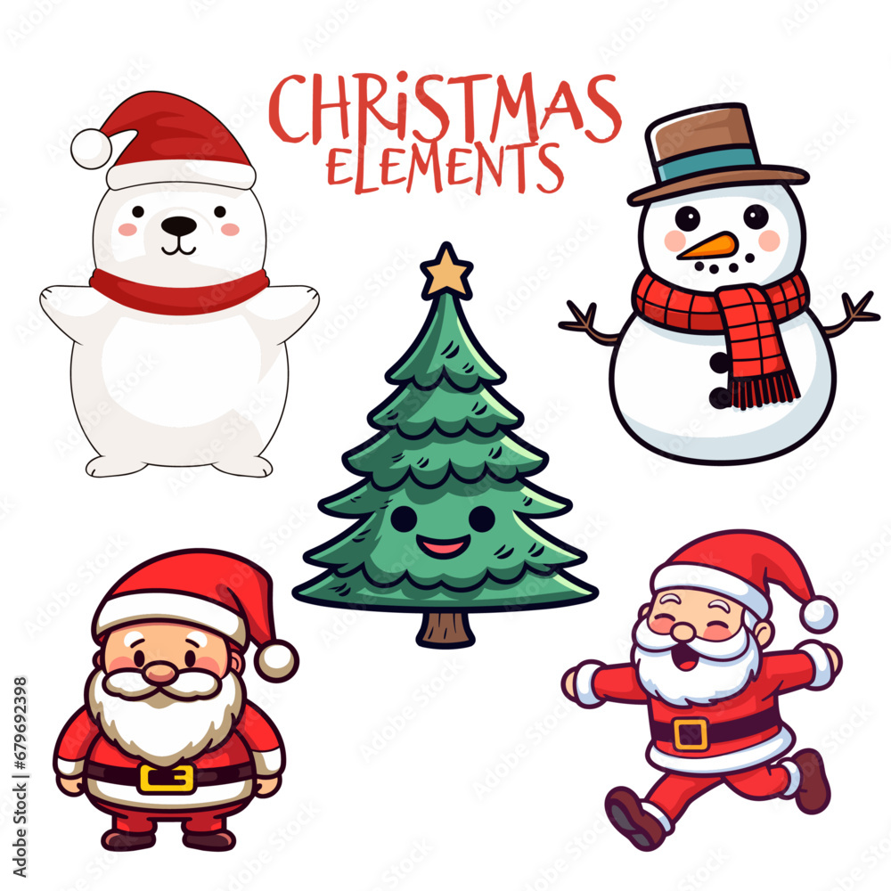 Cute Christmas Collection for Kids in Flat Design: Santa Claus, Polar Bear, Snowman, and Christmas Tree - Transparent Background