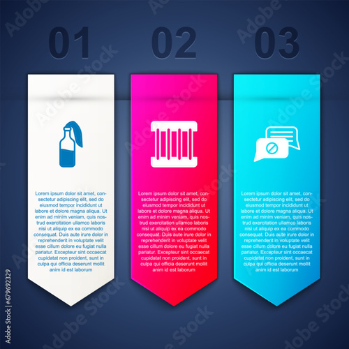 Set Cocktail molotov, Prison window and Speech bubble chat. Business infographic template. Vector