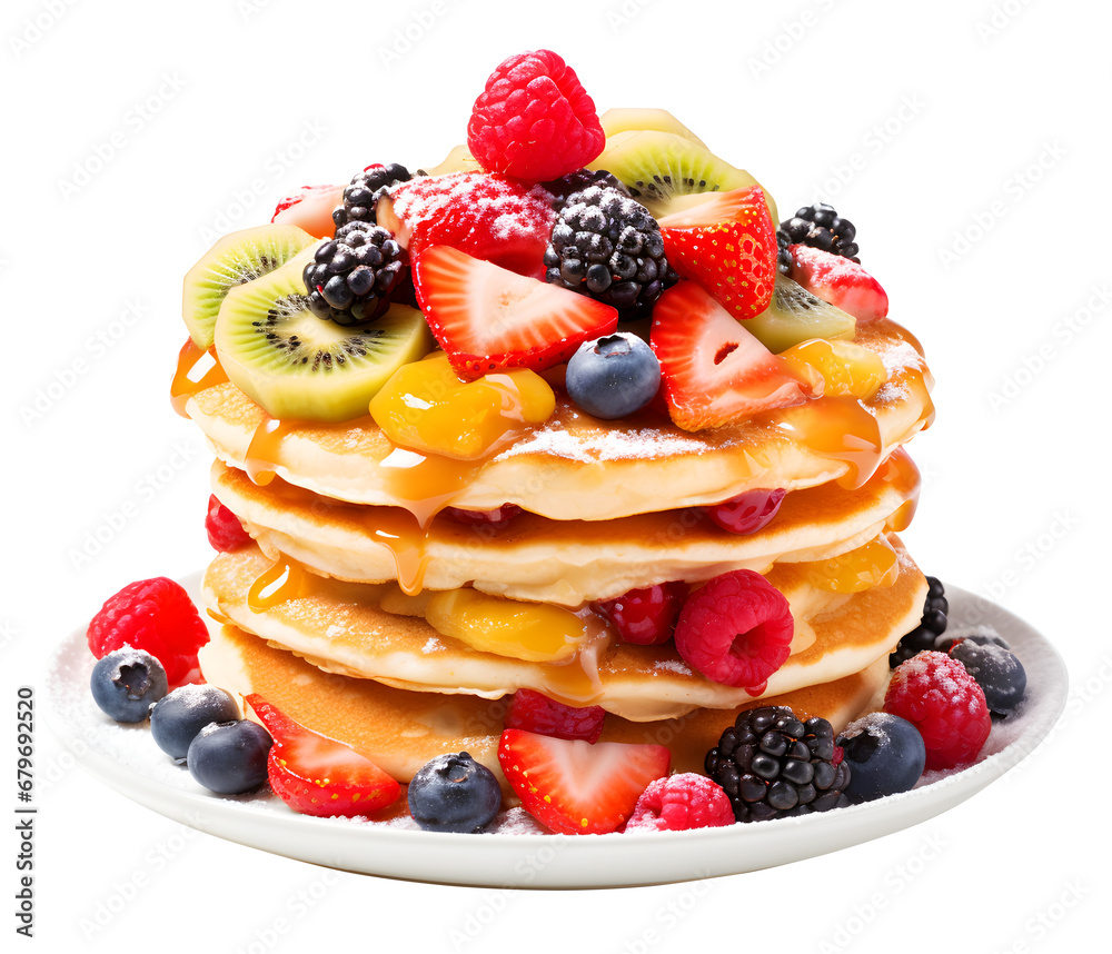 Delicious pancakes with mix berries fruits, honey or maple syrup, homemade pancakes and sweet syrup, PNG file on isolated background Delicious pancakes with mix berries fruits, honey or maple syrup, homemade pancakes and sweet syrup, PNG file on isolated background