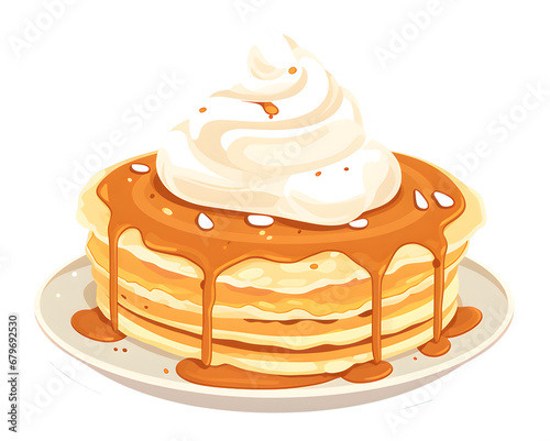 Vector cartoon pancakes. Stacks of tasty pancakes with maple syrup, butter, chocolate syrup, fruits and jam. Delicious breakfast food vector illustrations. American brunch.