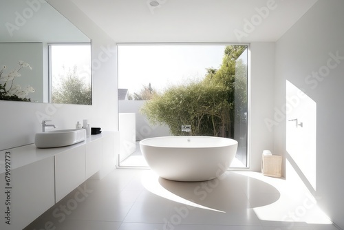 Minimalistic light colored bath with greenery