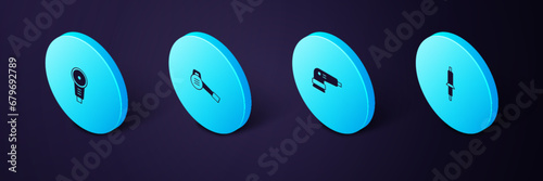 Set Isometric Soldering iron, Electric sander, Leaf garden blower and Angle grinder icon. Vector
