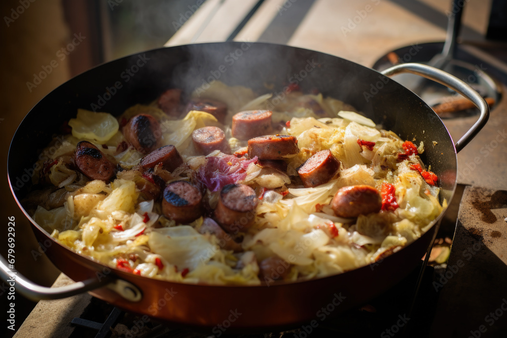 Frying pan with sauerkraut and sausages cooking on the stove close up Frying pan with sauerkraut and sausages cooking on the stove close up