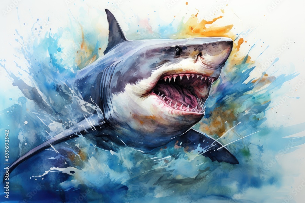 Obraz premium watercolor Shark Hungry shark illustration with splash watercolor textured background