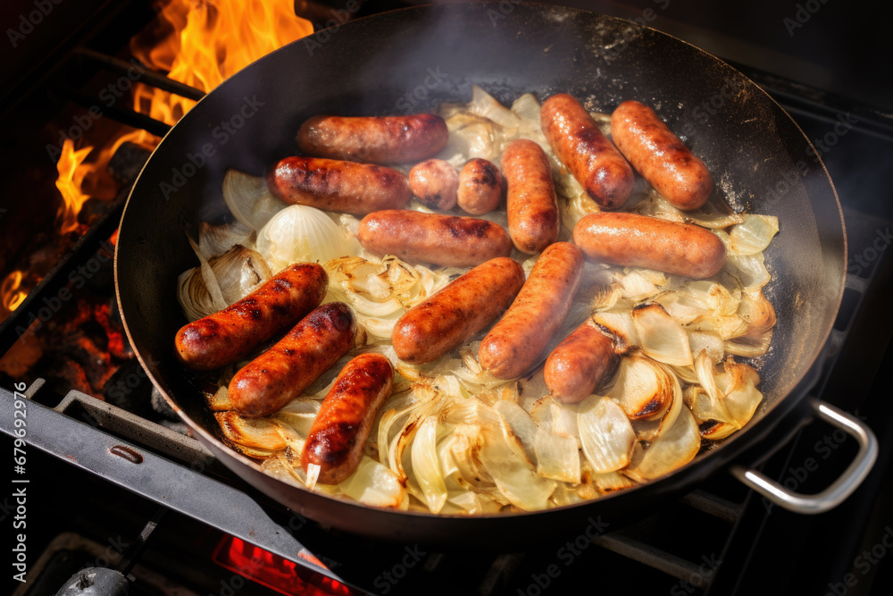 Frying pan with sauerkraut and sausages cooking on the stove close up Frying pan with sauerkraut and sausages cooking on the stove close up