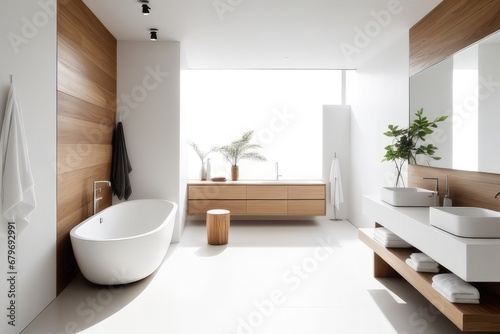 Bright minimalist bathroom with wood elements © cvetikmart