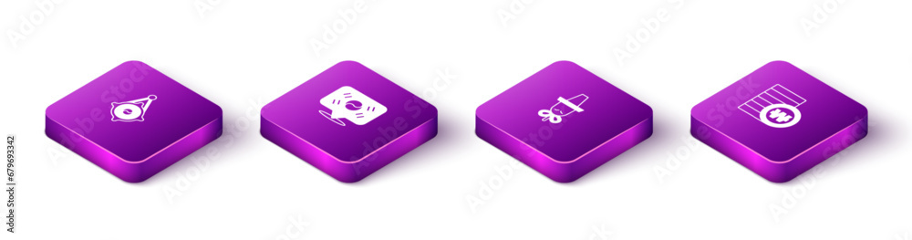 Set Isometric Korean lantern, Location South, hat and won coin icon. Vector Set Isometric Korean lantern, Location South, hat and won coin icon. Vector