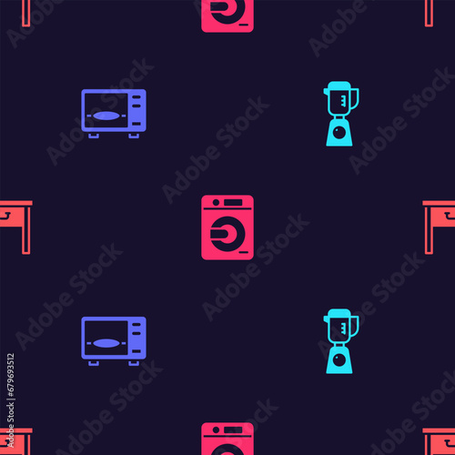 Set Blender, Microwave oven, Washer and Furniture nightstand on seamless pattern. Vector