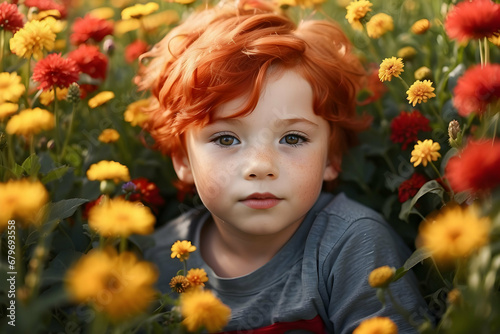 portrait of a little boy in a field of flowers