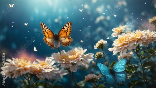 colorful spring butterflies on a blue sunny spring magic background