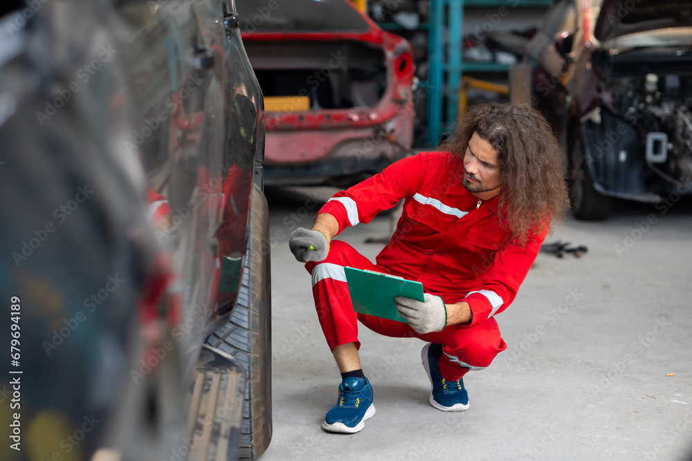 Obraz premium Accident Inspector Inspect damage car caused by car crash on the road. Car insurance agent examining car by Claim form clipboard in garage. Motor insurance