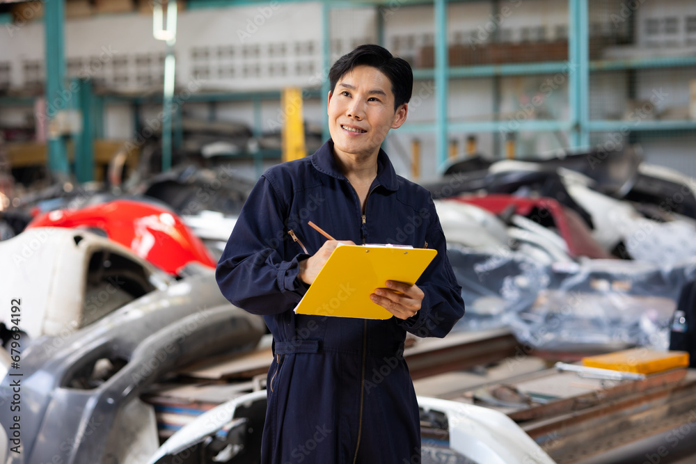 Accident Inspector Inspect damage car caused by car crash on the road. Car insurance agent examining car by Claim form clipboard in garage. Motor insurance Accident Inspector Inspect damage car caused by car crash on the road. Car insurance agent examining car by Claim form clipboard in garage. Motor insurance