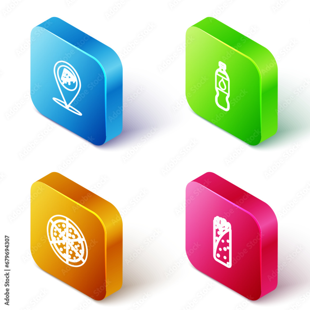Set Isometric line Location with slice pizza, Bottle of water, Pizza and Burrito icon. Vector Set Isometric line Location with slice pizza, Bottle of water, Pizza and Burrito icon. Vector