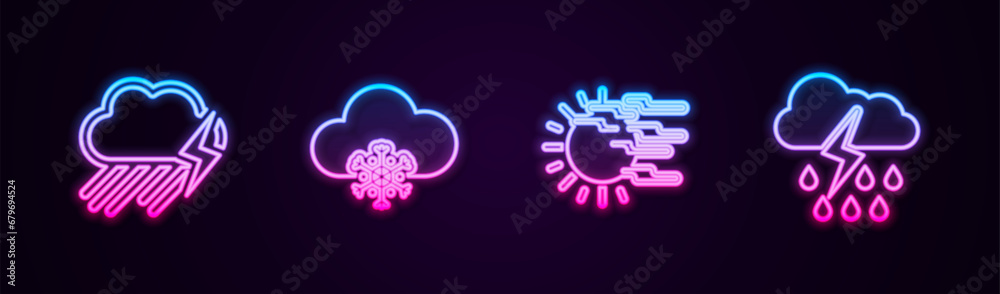 Set line Cloud with rain and lightning, snow, Fog sun and . Glowing neon icon. Vector