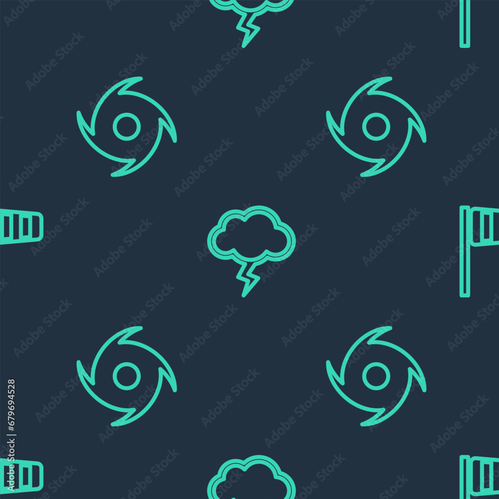Fototapeta premium Set line Storm, Tornado and Cone windsock wind vane on seamless pattern. Vector