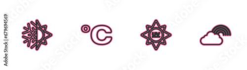 Set line Sun and snowflake, UV protection, Celsius and Rainbow with cloud icon. Vector