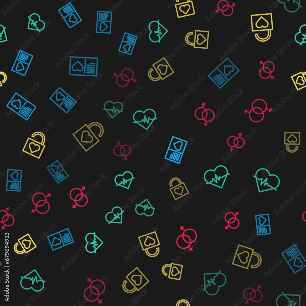 Set line Valentines day flyer with heart, Heart rate, Lock and and Gender on seamless pattern. Vector Set line Valentines day flyer with heart, Heart rate, Lock and and Gender on seamless pattern. Vector