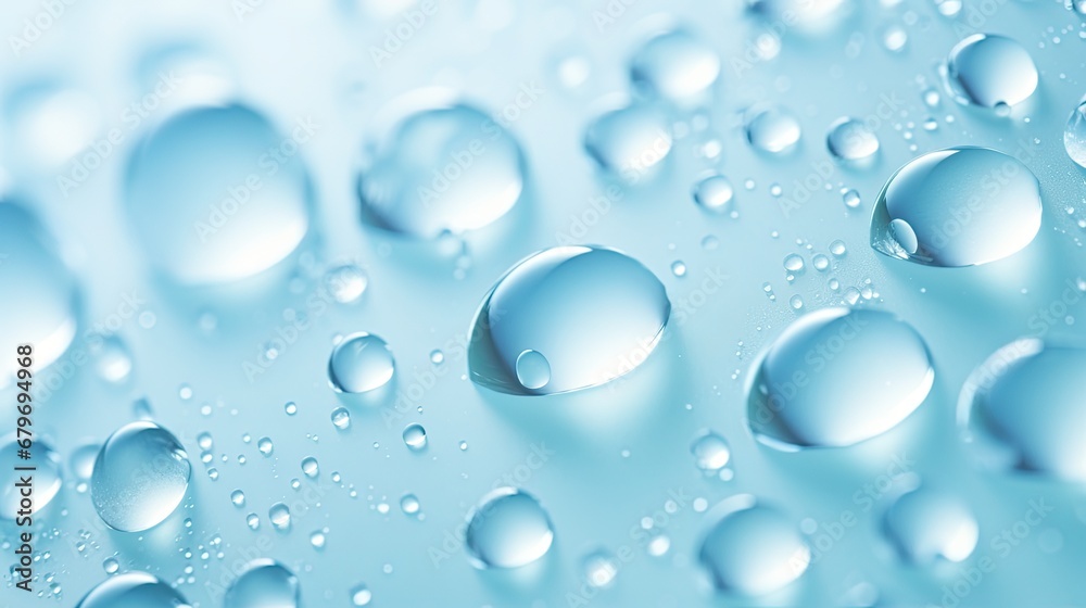  a close up of water droplets on a blue surface with a light blue back ground and a light blue back ground.