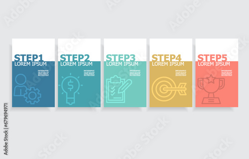 business data visualization horizonta steps timeline infographic element report layout template background with business line icon 5 steps