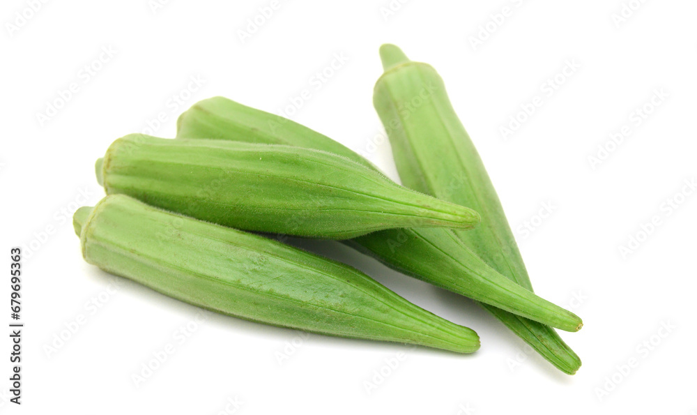 Fresh raw okra isolated on white background, horizontal with copy space Fresh raw okra isolated on white background, horizontal with copy space