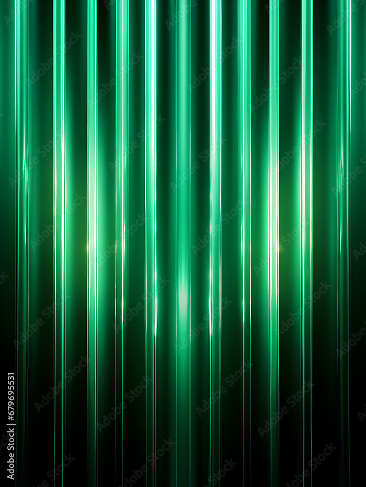 Green neon light bars against a dark, minimalist backdrop form a curtain. Futuristic design background with vertical lines.