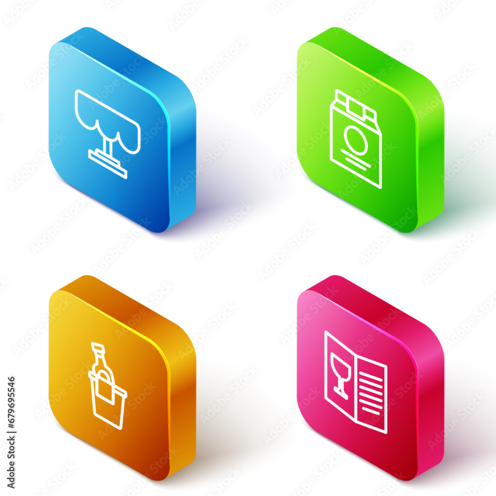 Set Isometric line Wooden table, Online ordering and delivery, Champagne ice bucket and Restaurant cafe menu icon. Vector Set Isometric line Wooden table, Online ordering and delivery, Champagne ice bucket and Restaurant cafe menu icon. Vector