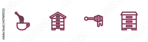 Set line Honey dipper stick with honey, , Hive for bees and icon. Vector