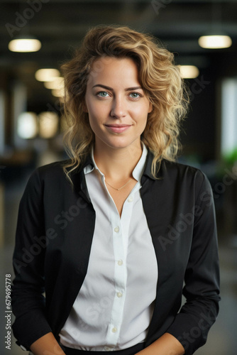 Portrait of smiling woman standing in modern office.