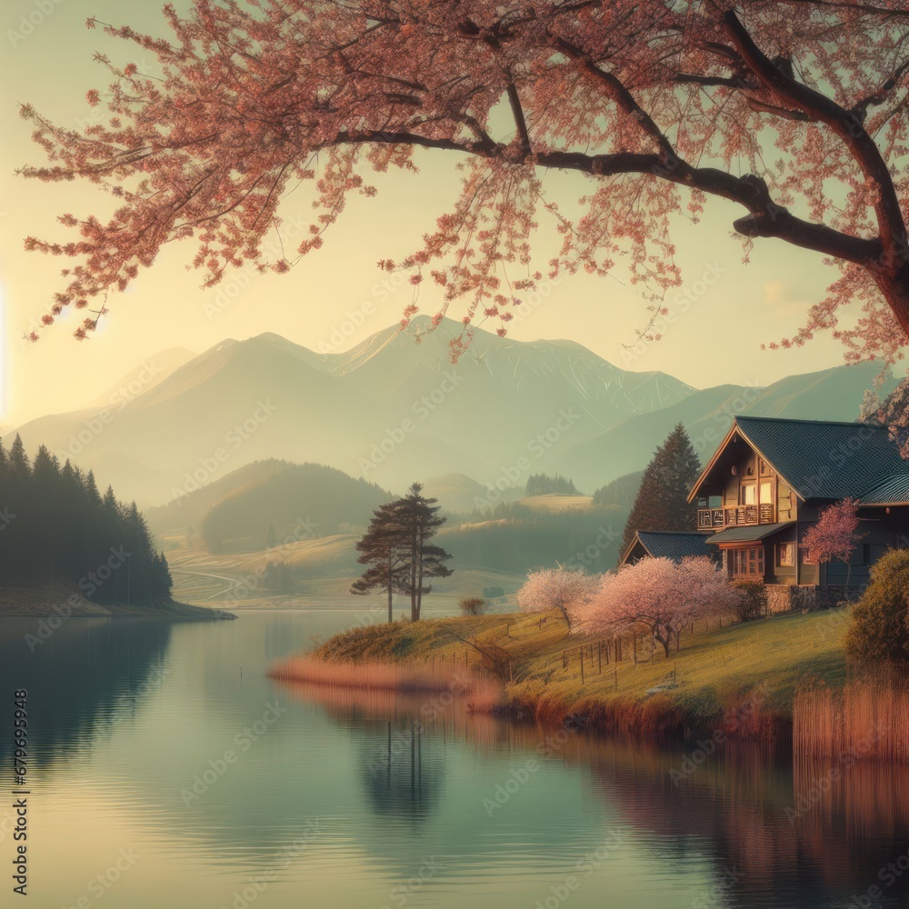 Fototapeta premium house on the edge of a quiet lake with a mountain backdrop