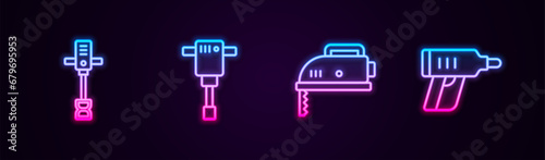 Set line Electrical hand concrete mixer, Construction jackhammer, jigsaw and cordless screwdriver. Glowing neon icon. Vector