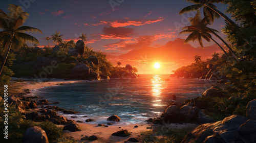 Drawing tropical beach on sunset sky background. Summer and travel concept. Generative ai.