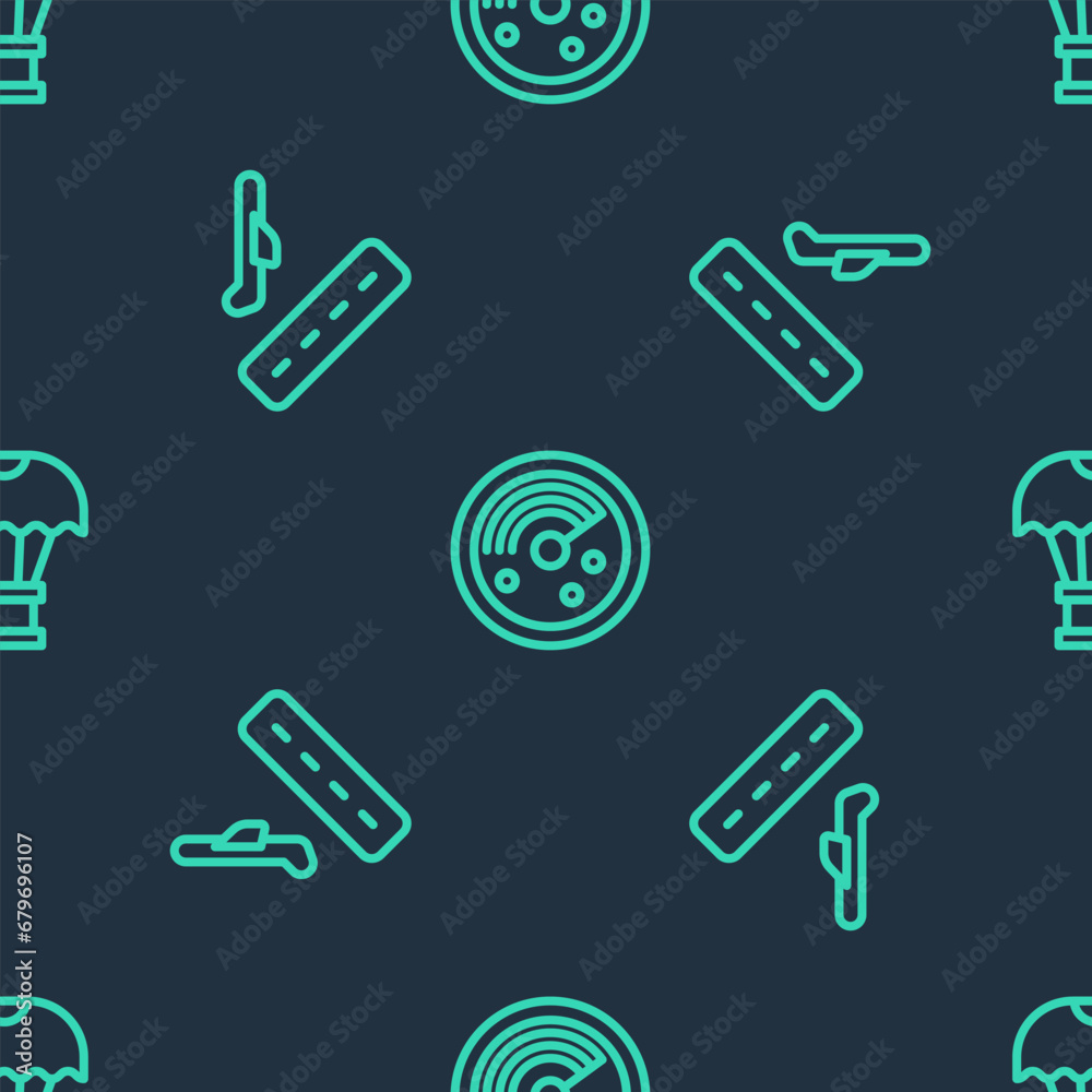 Set line Radar with targets on monitor, Plane takeoff and Box flying parachute on seamless pattern. Vector Set line Radar with targets on monitor, Plane takeoff and Box flying parachute on seamless pattern. Vector