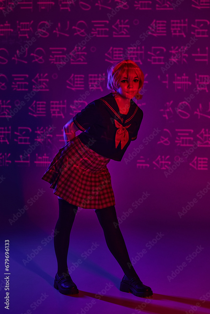 pretty woman in school uniform posing on neon purple backdrop with hieroglyphs, anime trend pretty woman in school uniform posing on neon purple backdrop with hieroglyphs, anime trend
