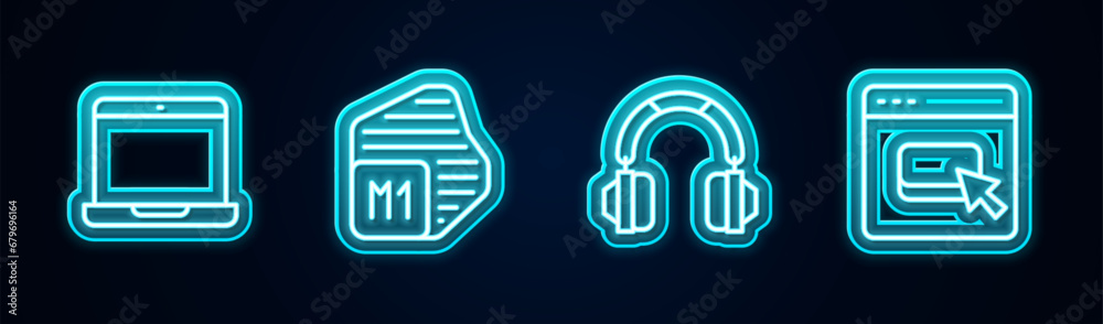 Set line Laptop, Processor, Headphones and Browser files. Glowing neon icon. Vector Set line Laptop, Processor, Headphones and Browser files. Glowing neon icon. Vector