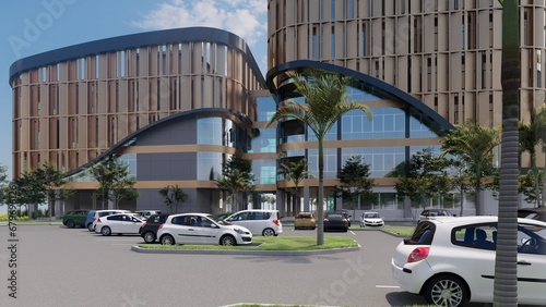 Fototapeta Naklejka Na Ścianę i Meble -  3D illustration of a rental office building, a unique building shape with a large parking area and communal area. 3D Rendering