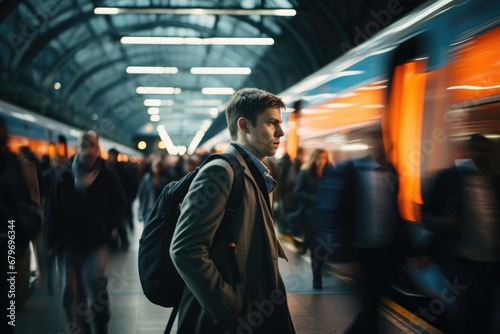 Railway wait subway platform person city passenger train station traveler transportation