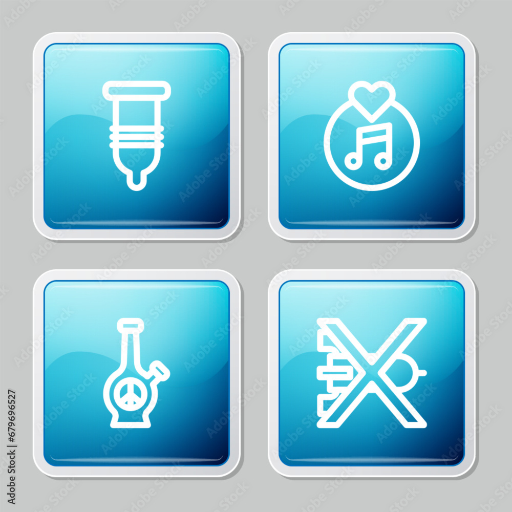 Set line Condom, Vinyl disk, Bong and No war icon. Vector