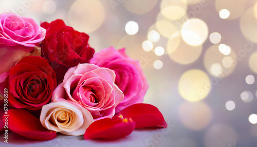 Pink and red roses petals on a bokeh background, copy space on a side © Giuseppe Cammino