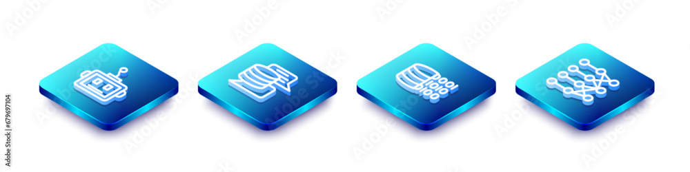 Set Isometric line Artificial intelligence robot, Server, Data, Binary ...