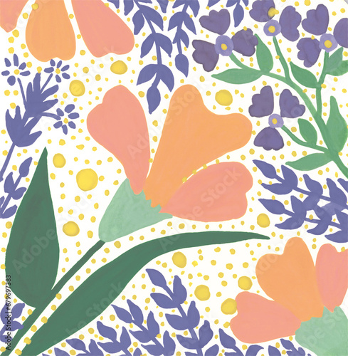 Flowers pattern. Gouache hand painted flowers illustration. Exotic flowers and leaves in pastel colors. Botanical art for textile, greeting card, interior, clothes, packaging. Vintage pastel color.