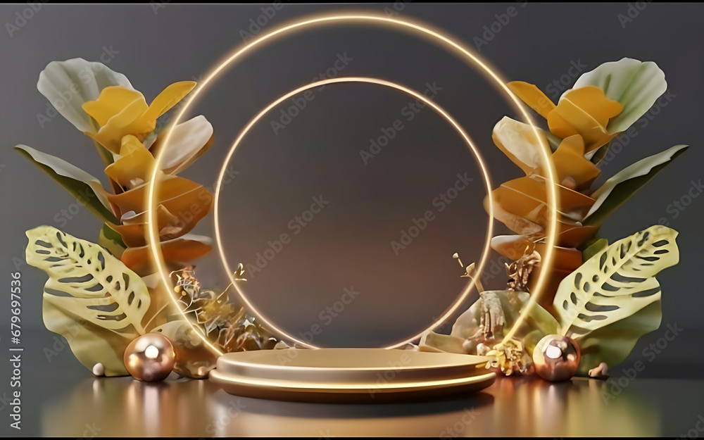Gold realistic 3d rendering with shiny Pedestal podium mockup, gold neon lighting with flower and leaf texture, Background for cosmetic product empty display, stand to show cosmetic products.