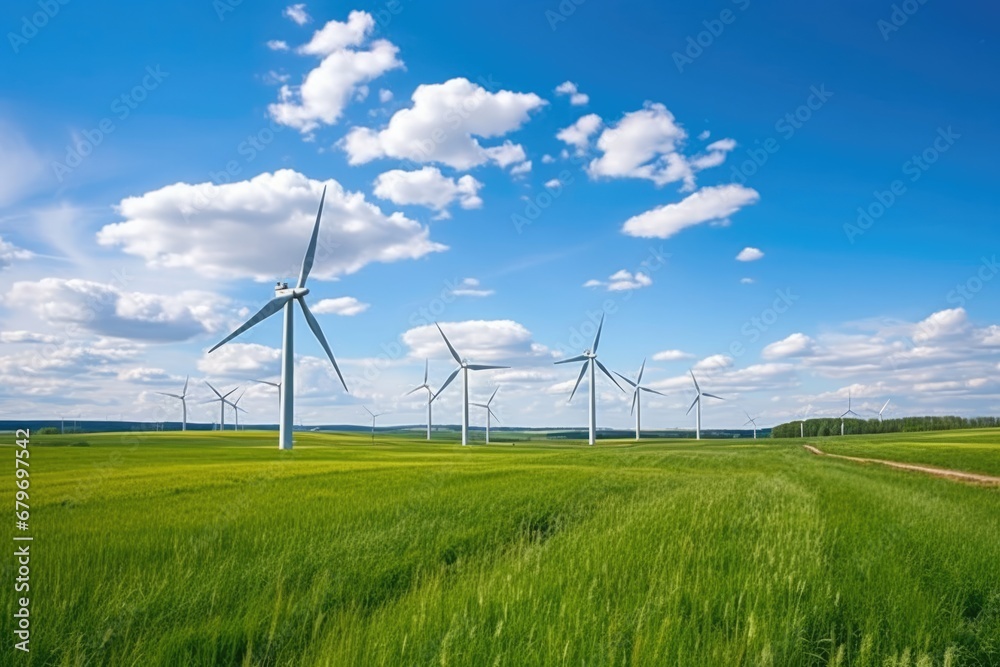 Energy blue turbine alternative sky wind generation electricity power nature field green