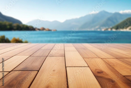 Empty wooden floor for product display montages with sea and mountain background2 © Thanapat