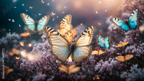 colorful spring butterflies on a blue sunny spring magic background
