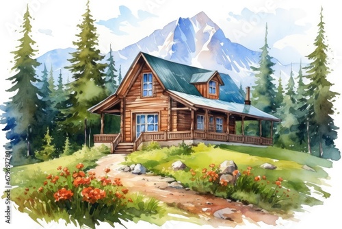 Building house landscape mountains nature forest wooden trees green summer